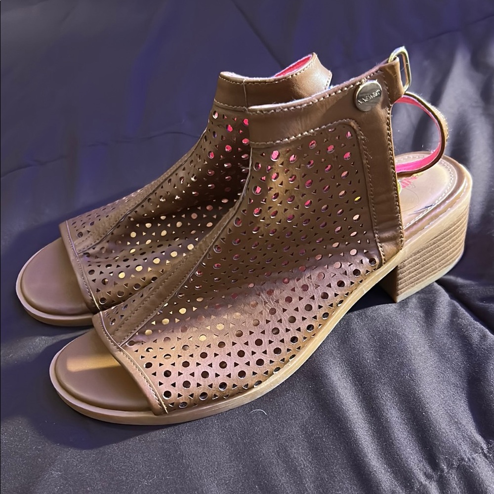 Brown Perforated Dress Shoes with Block Heel